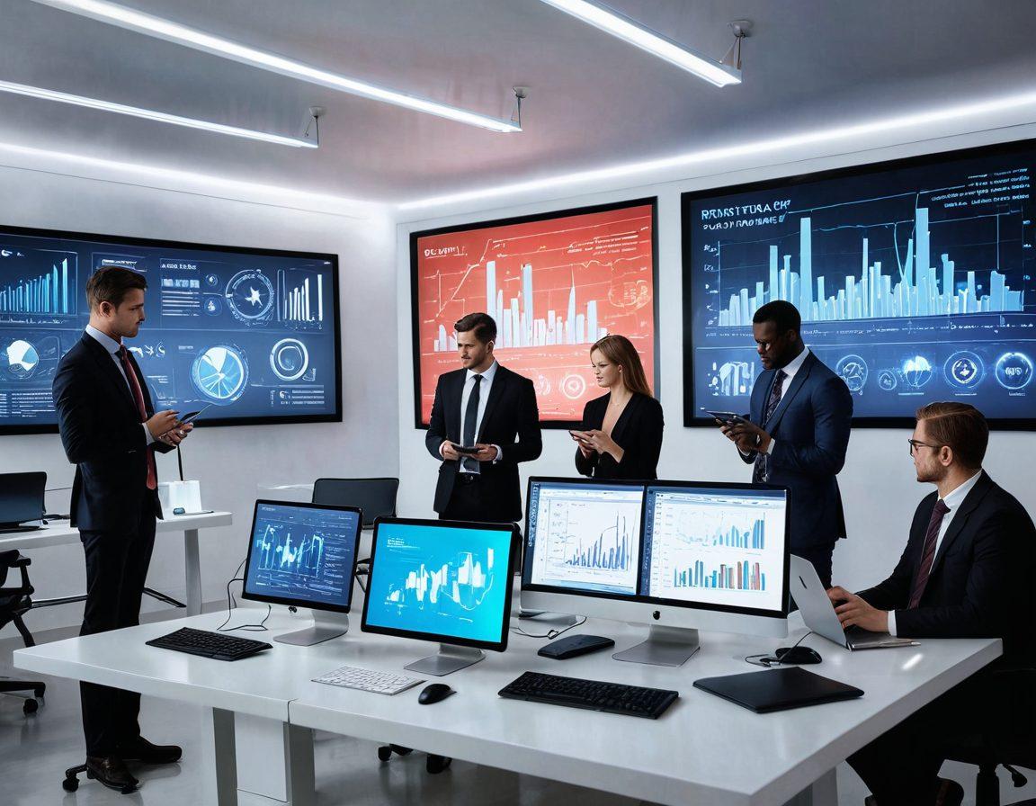 A dynamic office scene showing a diverse team collaborating on digital devices, with glowing graphs and data visualizations around them symbolizing growth and unlocking potential. A large screen displays tailored IT solutions and support tools in action. Include elements of innovation such as holograms and futuristic gadgets. super-realistic. vibrant colors. white background.