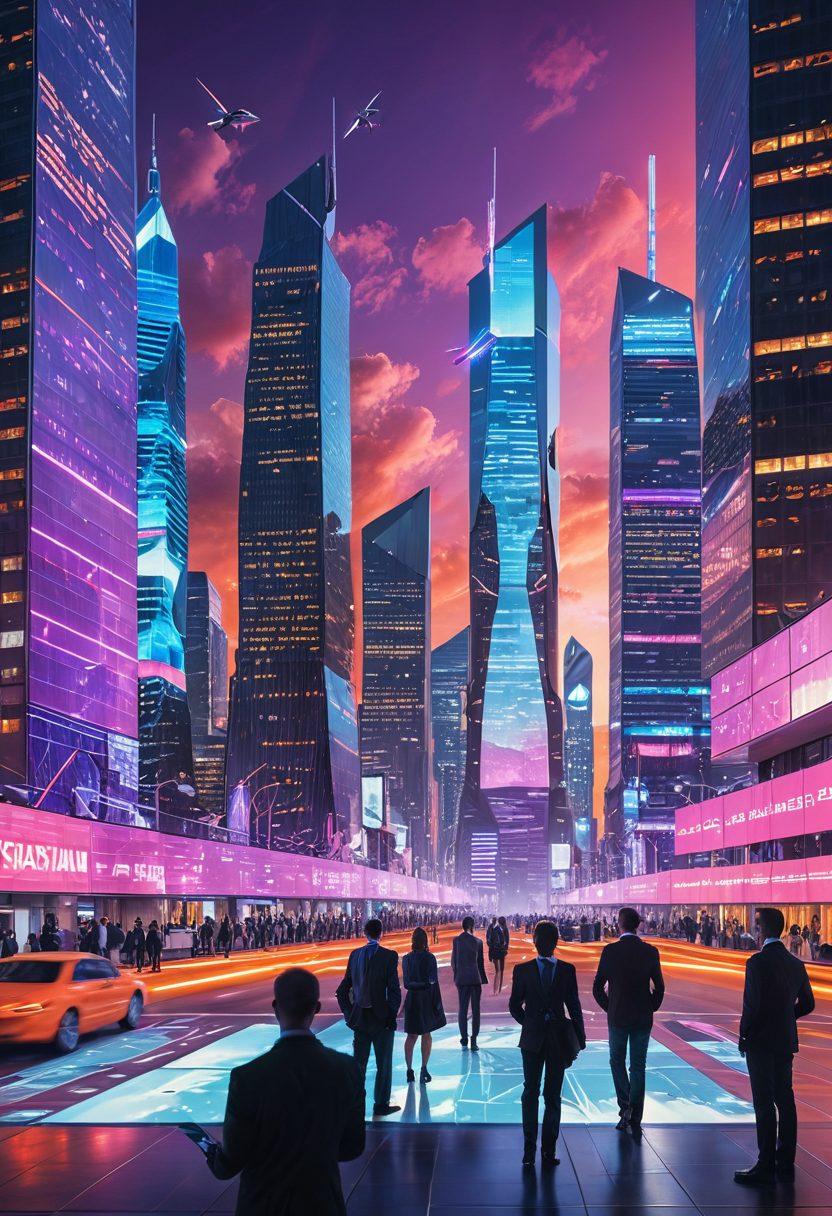 A futuristic cityscape featuring sleek skyscrapers with digital screens displaying business analytics. A group of diverse professionals collaborating over holographic technology, surrounded by drones and AI interfaces. Elements representative of various industries like finance, healthcare, and retail interwoven in the design. The sky is bright with a blend of dusk colors, symbolizing innovation and progress. vibrant colors. cyberpunk.