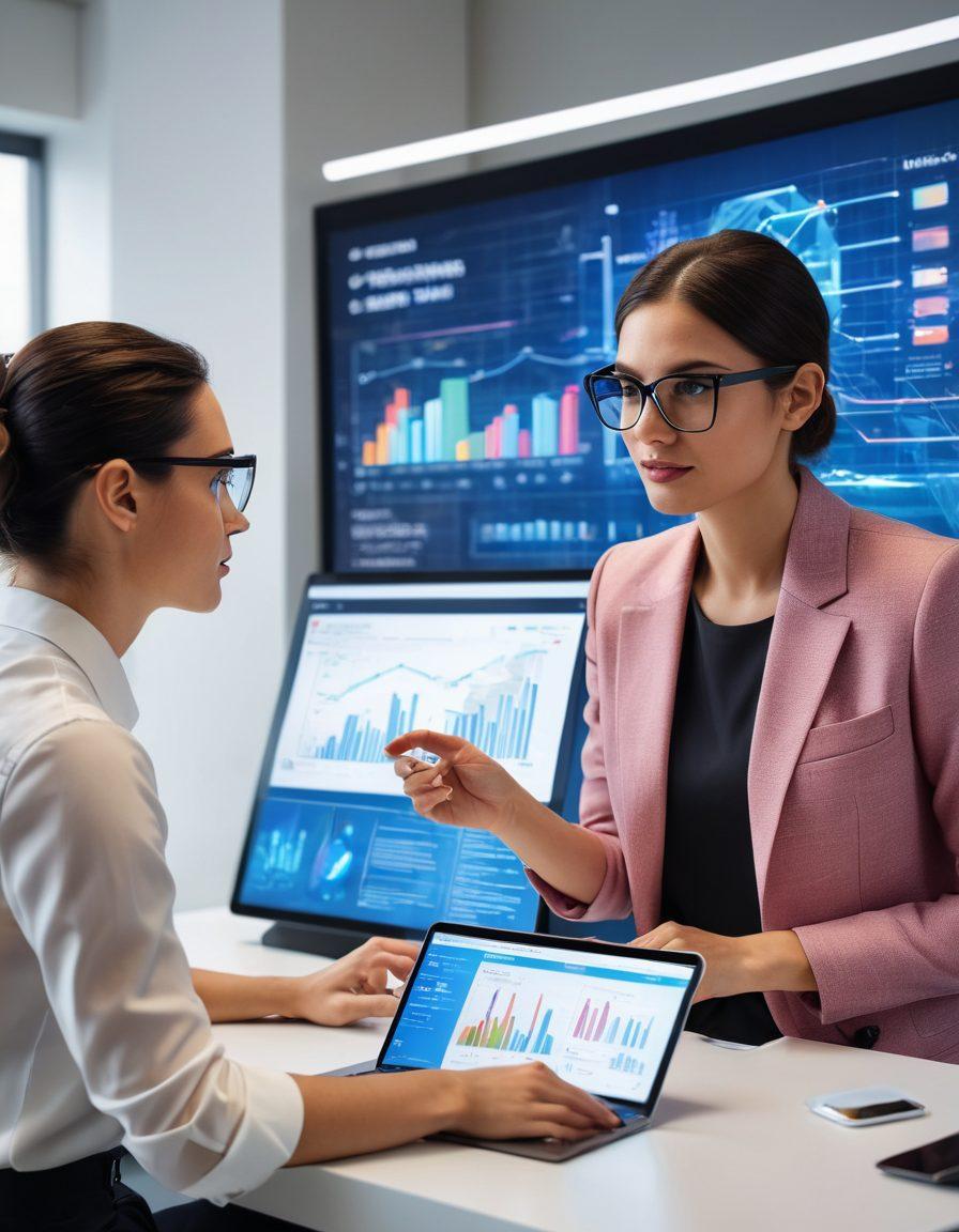 A dynamic and futuristic office space with diverse professionals collaborating around digital devices, showcasing holographic displays of data and innovative tech solutions. In the foreground, a woman is pointing at a large touchscreen showing graphs and analytics, while a man types on a laptop with augmented reality glasses. Bright colors emphasize a sense of innovation and energy. super-realistic. vibrant colors. white background.